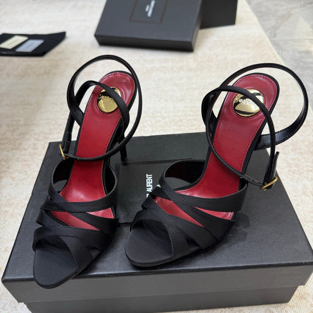 YSL 26S STRAPPY HEELED SANDALS 105 MM IN BLACK SATIN