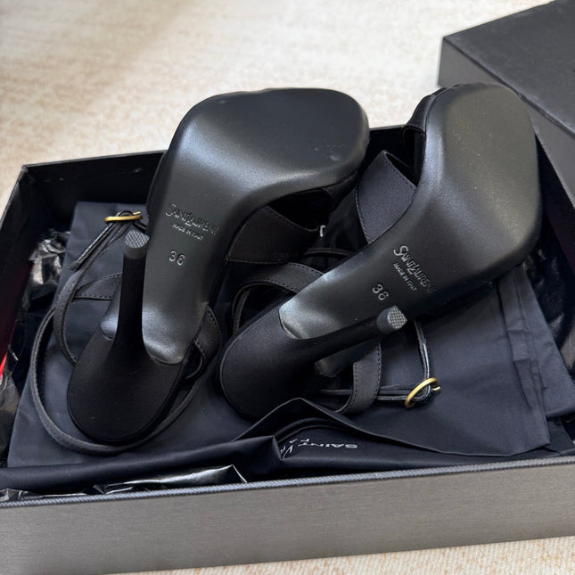 YSL 26S STRAPPY HEELED SANDALS 105 MM IN BLACK SATIN