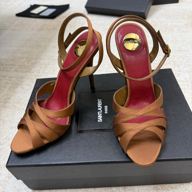 YSL 26S STRAPPY HEELED SANDALS 105 MM IN CLAY BROWN SATIN