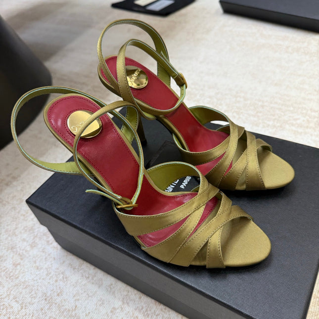YSL 26S STRAPPY HEELED SANDALS 105 MM IN OLIVE GREEN SATIN
