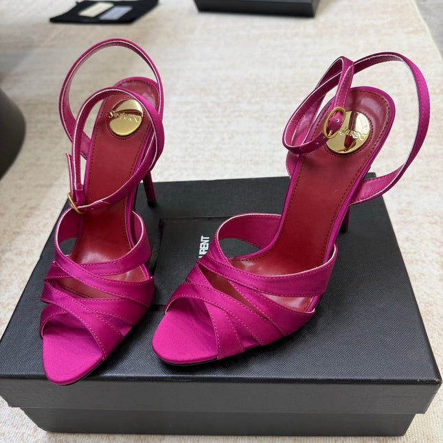 YSL 26S STRAPPY HEELED SANDALS 105 MM IN DARK PINK SATIN