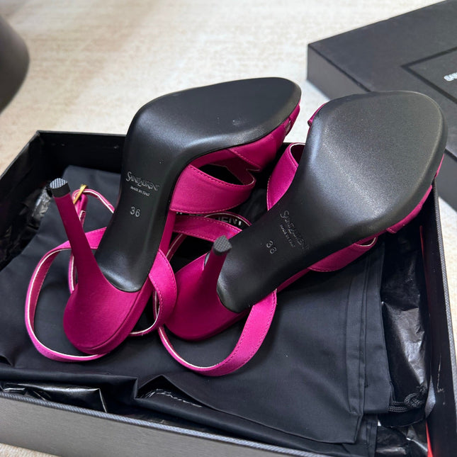 YSL 26S STRAPPY HEELED SANDALS 105 MM IN DARK PINK SATIN