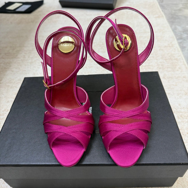 YSL 26S STRAPPY HEELED SANDALS 105 MM IN DARK PINK SATIN