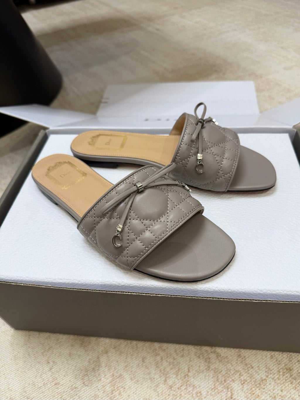 DIOR 26S DWAY CANNAGE SLIDE IN MUSHROOM GREY LAMBSKIN