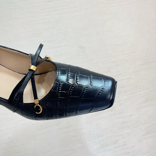 DIOR 26S HIGH HEELS IN BLACK CROC-EMBOSSED CALFSKIN WITH CHARMS
