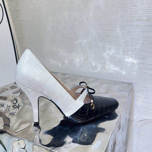 DIOR 26S HIGH HEELS IN BLACK MIX WHITE CROC-EMBOSSED CALFSKIN WITH CHARMS
