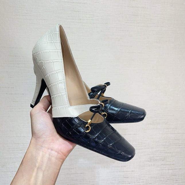 DIOR 26S HIGH HEELS IN BLACK MIX WHITE CROC-EMBOSSED CALFSKIN WITH CHARMS