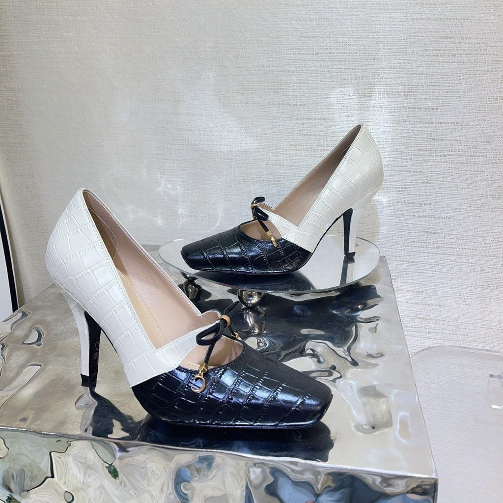 DIOR 26S HIGH HEELS IN BLACK MIX WHITE CROC-EMBOSSED CALFSKIN WITH CHARMS