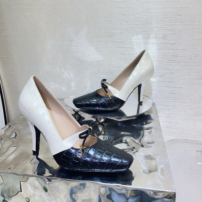 DIOR 26S HIGH HEELS IN BLACK MIX WHITE CROC-EMBOSSED CALFSKIN WITH CHARMS