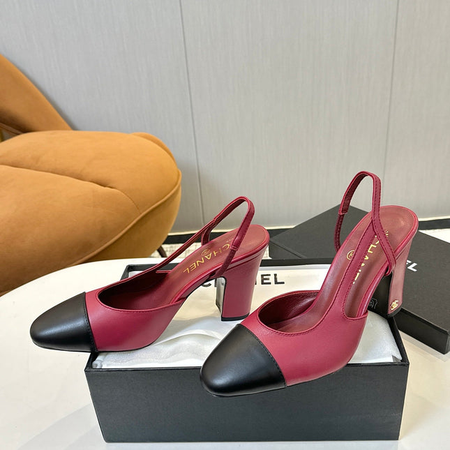 CC SLINGBACK IN BURGUNDY RED MIX BLACK CALFSKIN