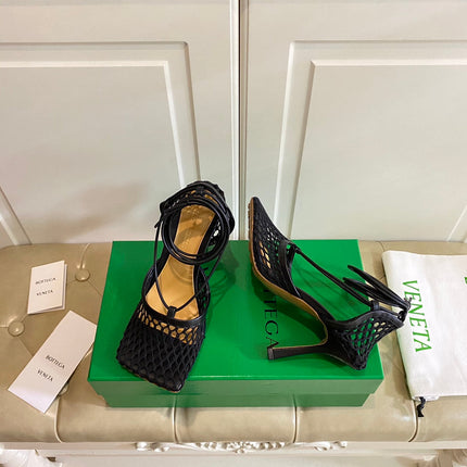 STRETCH LACE-UP SANDAL IN BLACK METALLIZED MESH AND LEATHER 9 CM