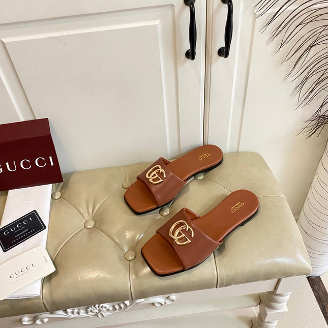 GUCCI 26S SLIDES IN BROWN CALFSKIN
