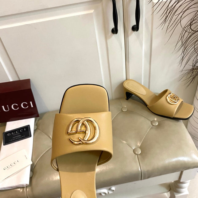 GUCCI 26S HIGH-HEELED SANDALS IN DARK BEIGE CALFSKIN WITH GOLD HARDWARE