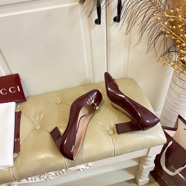 GUCCI 26S HORSEBIT MID-HEEL PUMPS 75 MM IN DARK RED CALFSKIN