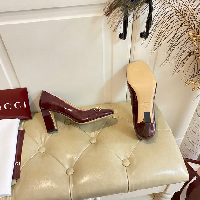 GUCCI 26S HORSEBIT MID-HEEL PUMPS 75 MM IN DARK RED CALFSKIN