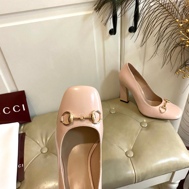 GUCCI 26S HORSEBIT MID-HEEL PUMPS 100 MM IN NUDE PINK CALFSKIN