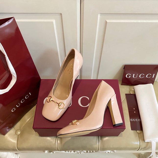 GUCCI 26S HORSEBIT MID-HEEL PUMPS 100 MM IN NUDE PINK CALFSKIN