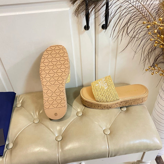 PRADA 26S SLIDE SANDALS CORK SOLE IN BEIGE LOGO RAFFIA