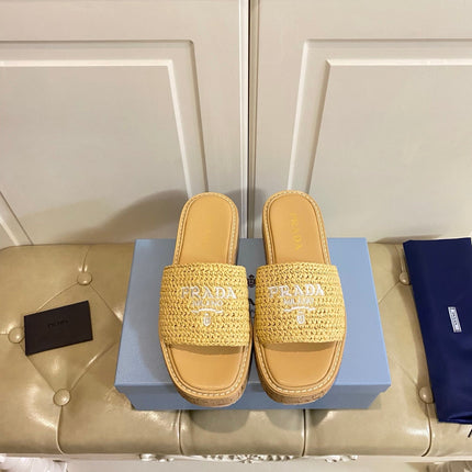PRADA 26S SLIDE SANDALS CORK SOLE IN BEIGE LOGO RAFFIA