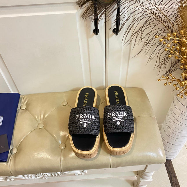 PRADA 26S SLIDE SANDALS CORK SOLE IN BLACK LOGO RAFFIA