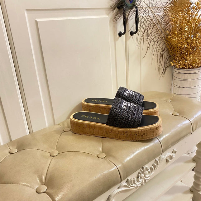 PRADA 26S SLIDE SANDALS CORK SOLE IN BLACK LOGO RAFFIA