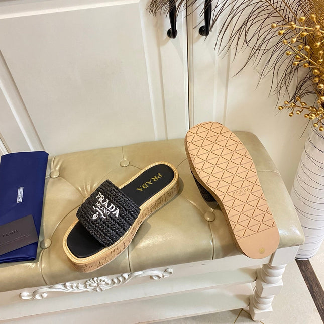 PRADA 26S SLIDE SANDALS CORK SOLE IN BLACK LOGO RAFFIA