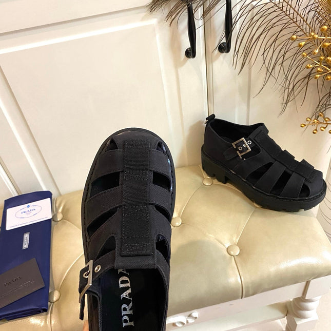 PRADA 26S BUCKLE FISHERMAN SANDALS CHUNKY SOLE IN BLACK CANVAS