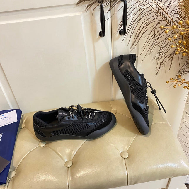 PRADA 26S LACE UP SNEAKERS CHUNKY SOLE IN BLACK TECH FABRIC AND MESH