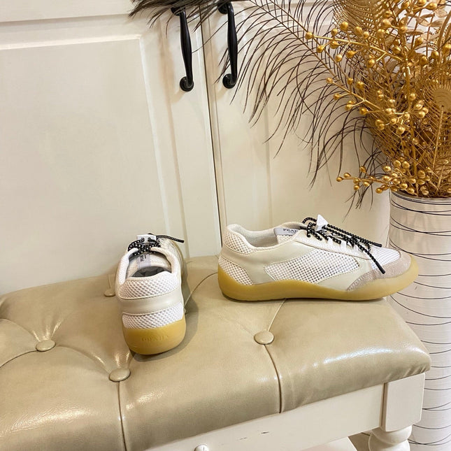 PRADA 26S LACE UP SNEAKERS CHUNKY SOLE IN WHITE TECH FABRIC AND MESH