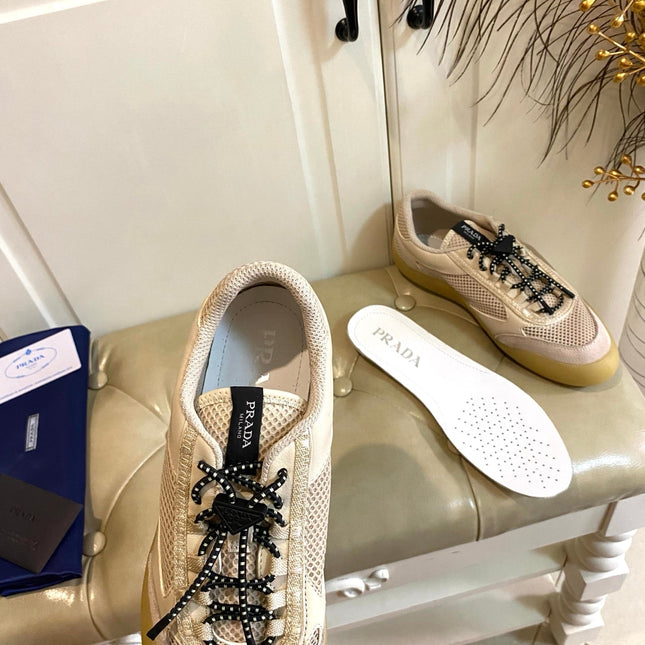 PRADA 26S LACE UP SNEAKERS CHUNKY SOLE IN BEIGE TECH FABRIC AND MESH