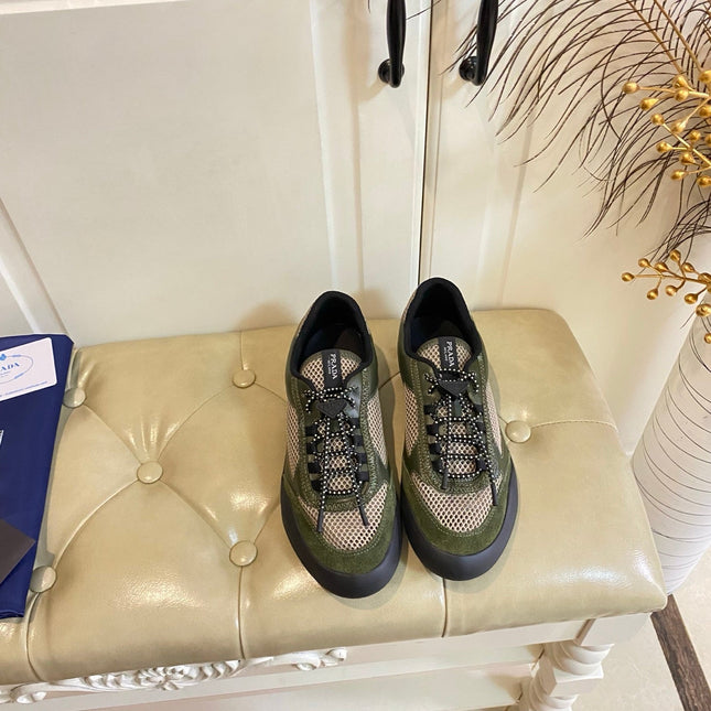 PRADA 26S LACE UP SNEAKERS CHUNKY SOLE IN OLIVE GREEN TECH FABRIC AND MESH