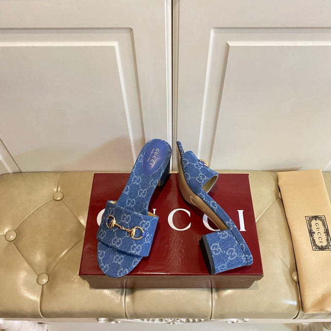 GUCCI 26S HIGH-HEELED SANDALS 65 MM IN BLUE DENIM