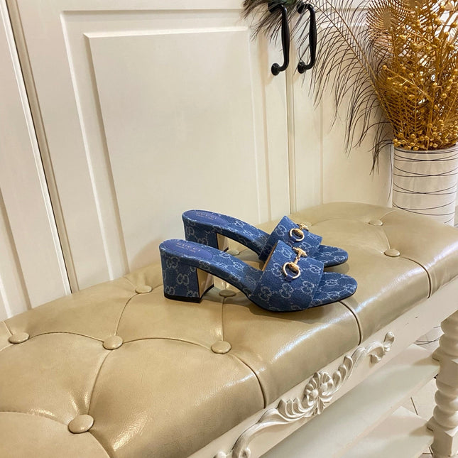 GUCCI 26S HIGH-HEELED SANDALS 65 MM IN BLUE DENIM