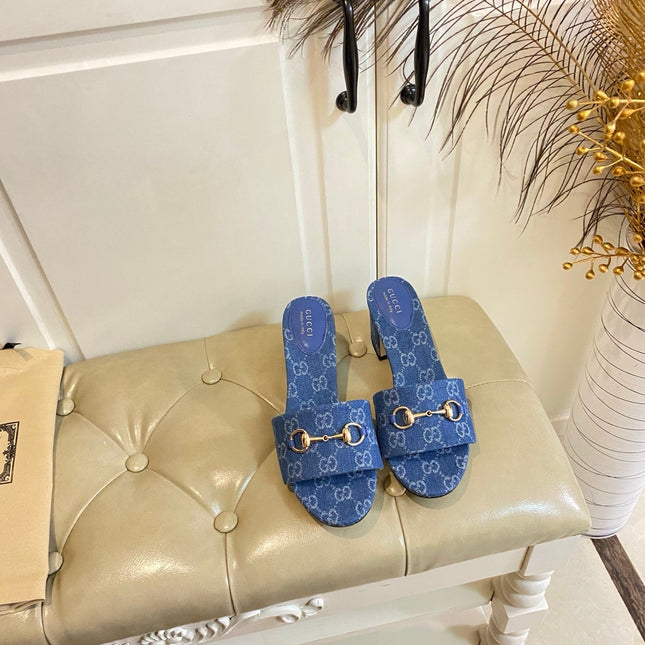 GUCCI 26S HIGH-HEELED SANDALS 65 MM IN BLUE DENIM