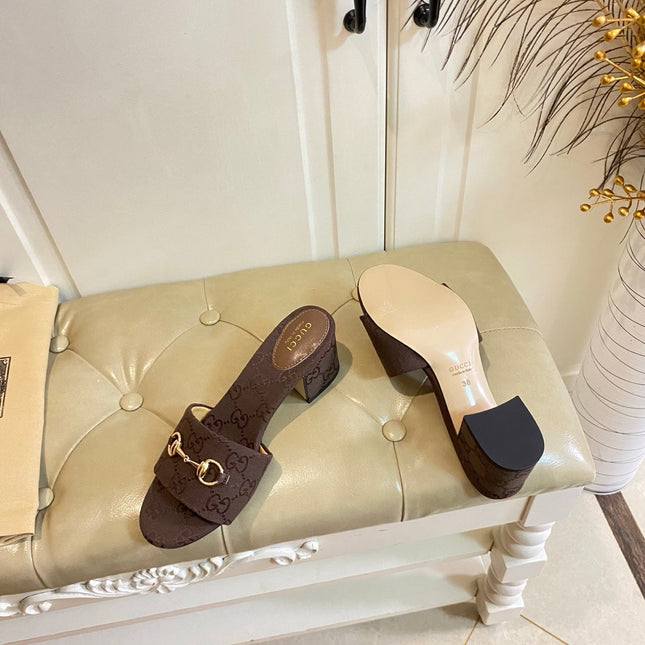GUCCI 26S HIGH-HEELED SANDALS 65 MM IN DARK BROWN CANVAS