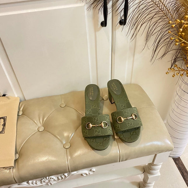 GUCCI 26S HIGH-HEELED SANDALS 65 MM IN MOSS GREEN CANVAS