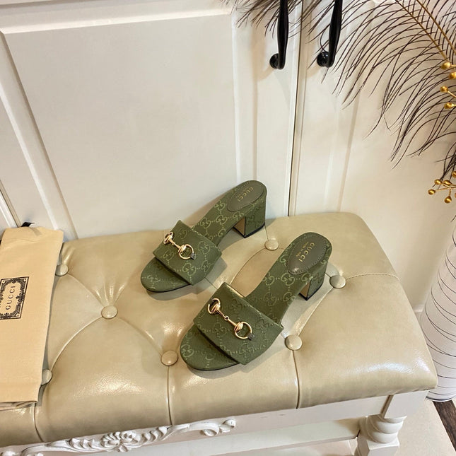 GUCCI 26S HIGH-HEELED SANDALS 65 MM IN MOSS GREEN CANVAS