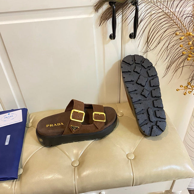 PRADA 26S DOUBLE BUCKLE SLIDE SANDALS CHUNKY SOLE IN DARK BROWN SUEDE
