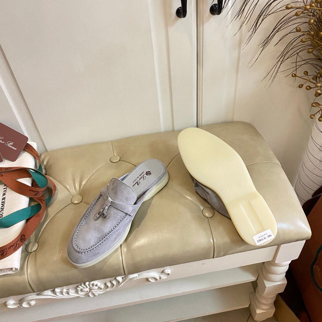 LP 26S LOCK CHARM MULES IN LIGHT GREY SUEDE GOLD HARDWARE