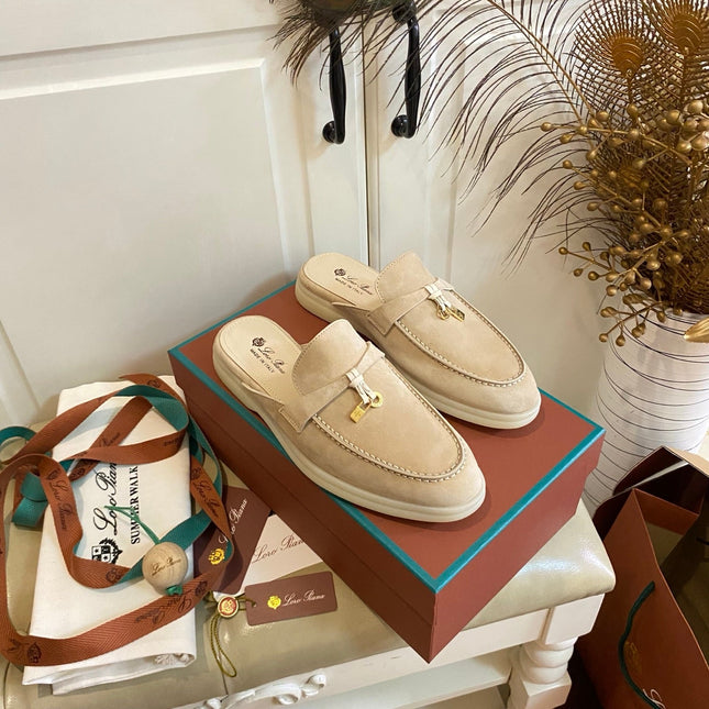 LP 26S LOCK CHARM MULES IN LIGHT BROWN SUEDE GOLD HARDWARE