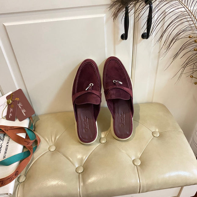 LP 26S LOCK CHARM MULES IN BURGUNDY RED SUEDE GOLD HARDWARE