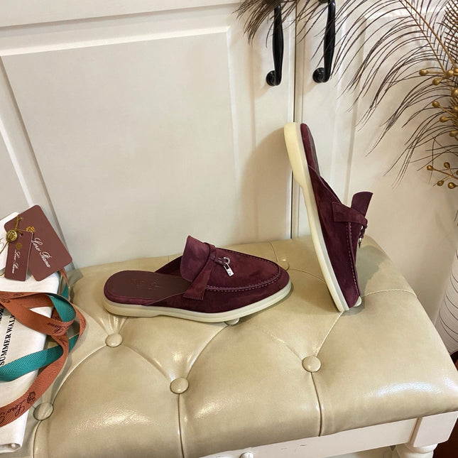 LP 26S LOCK CHARM MULES IN BURGUNDY RED SUEDE GOLD HARDWARE