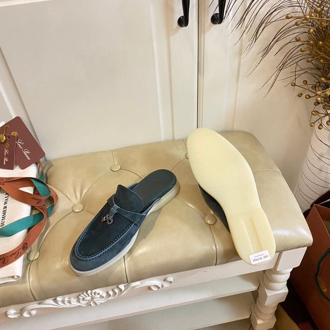 LP 26S LOCK CHARM MULES IN SLATE BLUE SUEDE GOLD HARDWARE