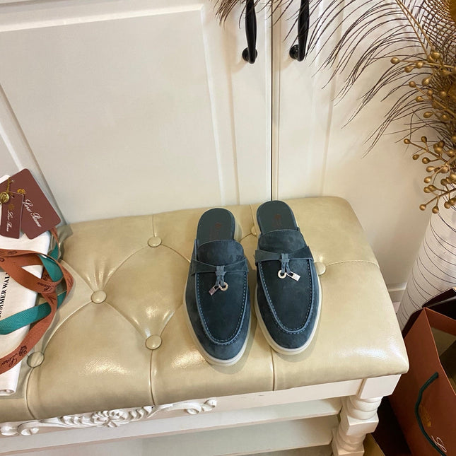 LP 26S LOCK CHARM MULES IN SLATE BLUE SUEDE GOLD HARDWARE