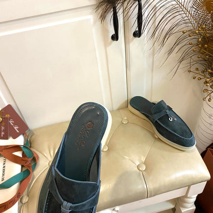 LP 26S LOCK CHARM MULES IN SLATE BLUE SUEDE GOLD HARDWARE