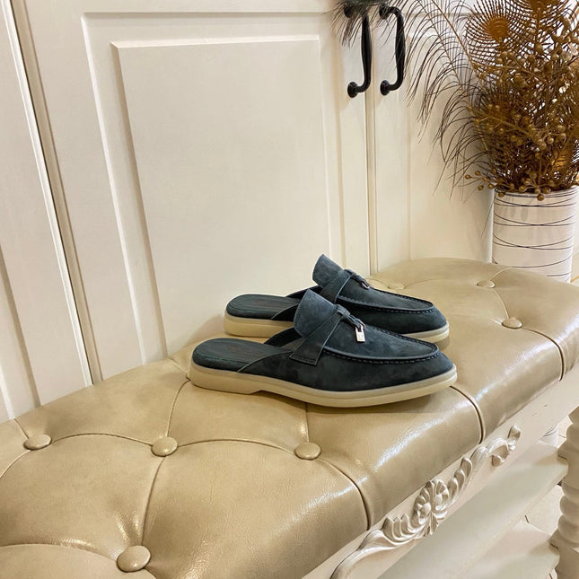 LP 26S LOCK CHARM MULES IN SLATE BLUE SUEDE GOLD HARDWARE