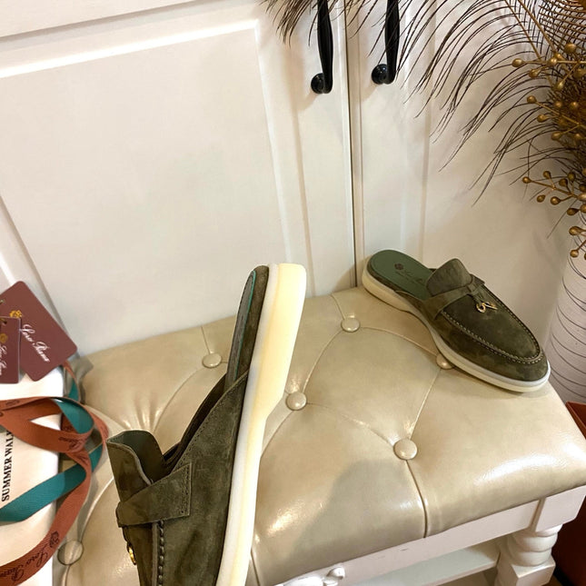 LP 26S LOCK CHARM MULES IN DARK OLIVE GREEN SUEDE GOLD HARDWARE
