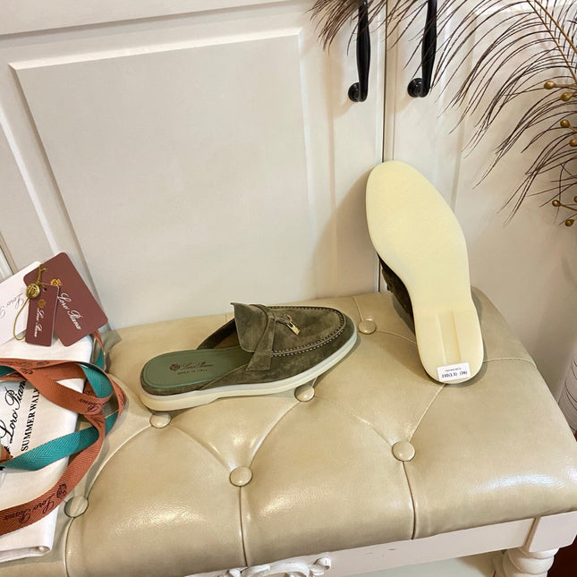 LP 26S LOCK CHARM MULES IN DARK OLIVE GREEN SUEDE GOLD HARDWARE