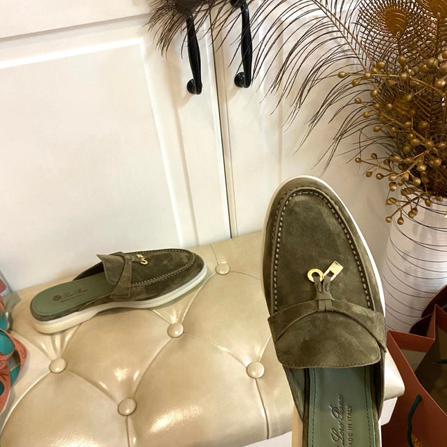 LP 26S LOCK CHARM MULES IN DARK OLIVE GREEN SUEDE GOLD HARDWARE