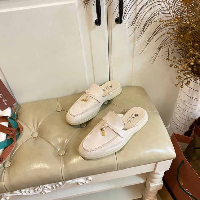 LP 26S LOCK CHARM MULES IN BEIGE SUEDE GOLD HARDWARE